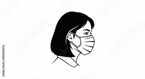 Stylized black and white line drawing of a woman's profile wearing a face mask