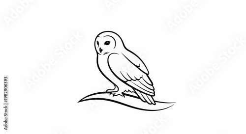 Stylized black and white outline drawing of a barn owl perched on a curved branch