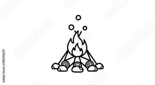 Stylized line art of a campfire with flames and smoke circles