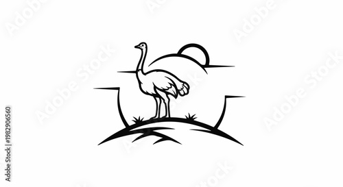 Stylized ostrich silhouette against a setting sun and abstract landscape