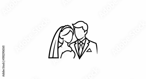 Stylized outline of a bride and groom in formal wedding attire