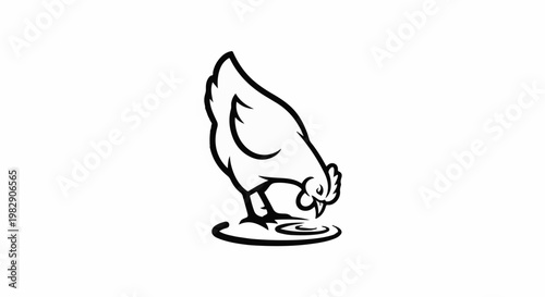 Stylized outline of a chicken pecking at a circular water source
