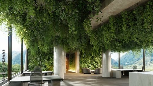 Indoor lounge with hanging greenery and mountain views