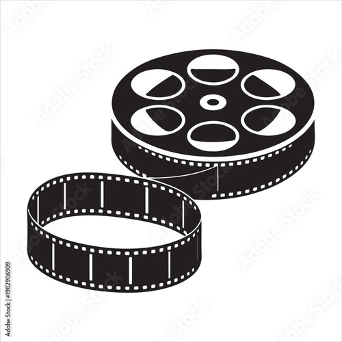 Isometric perspective of motion picture film reel and separate strip of negative tape on transparent backdrop.