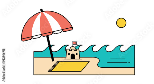 Cartoon castle on sandy beach with red umbrella and sunny weather illustration