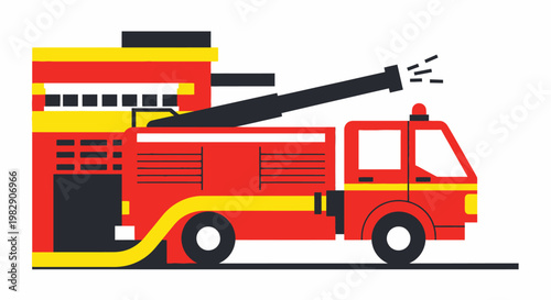 Bright cartoon fire truck with extended ladder and emergency lights in flat design illustration