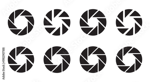 Set of camera shutter aperture icons, photographic lens iris symbol vector, adjustable opening mechanism.