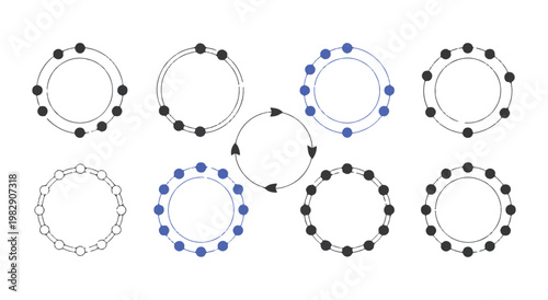 Abstract circular diagrams with dot arrangements in black and blue for conceptual design on transparent background.