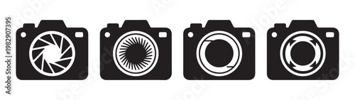 Four camera icons with various aperture styles and lens rings, presented as silhouette graphics on grid.