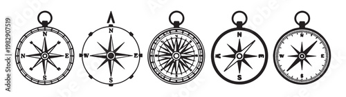 Detailed nautical compass icons with intricate star patterns and cardinal direction markers for ocean voyages.