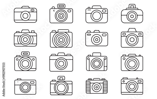 Sixteen outlined camera icons arranged in a grid, offering different vintage and contemporary designs.