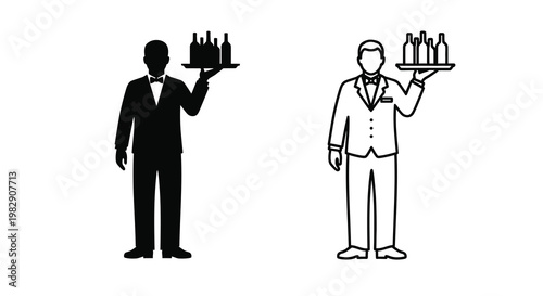 Two waiters in formal attire present trays of beverages in black and white