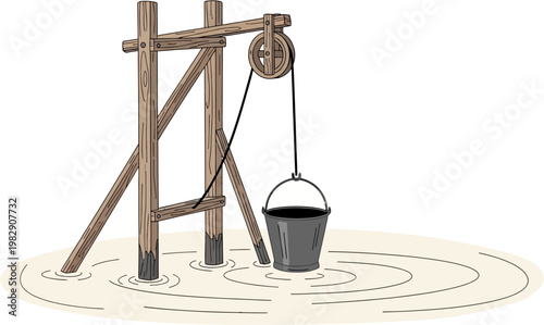 A wooden well structure with a pulley and rope lowering a bucket into water, creating ripples.