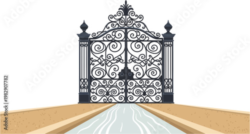 A grand, ornate black wrought-iron gate with intricate scrollwork, standing closed on a paved path.
