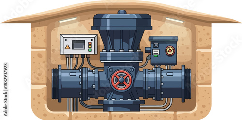 A detailed illustration of an industrial water control system with pipes, valves, and electronic monitoring equipment housed in a concrete structure.