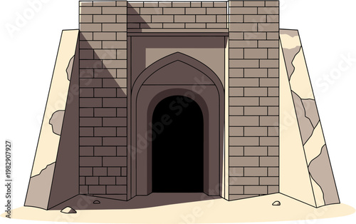 An illustration of an ancient stone building with a dark arched entrance, featuring brickwork and sloped side walls.