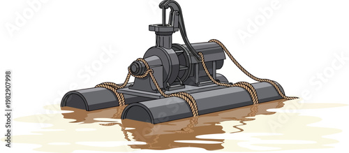 A detailed illustration of a water pump system mounted on two dark grey floats, secured with ropes, floating in muddy brown water.