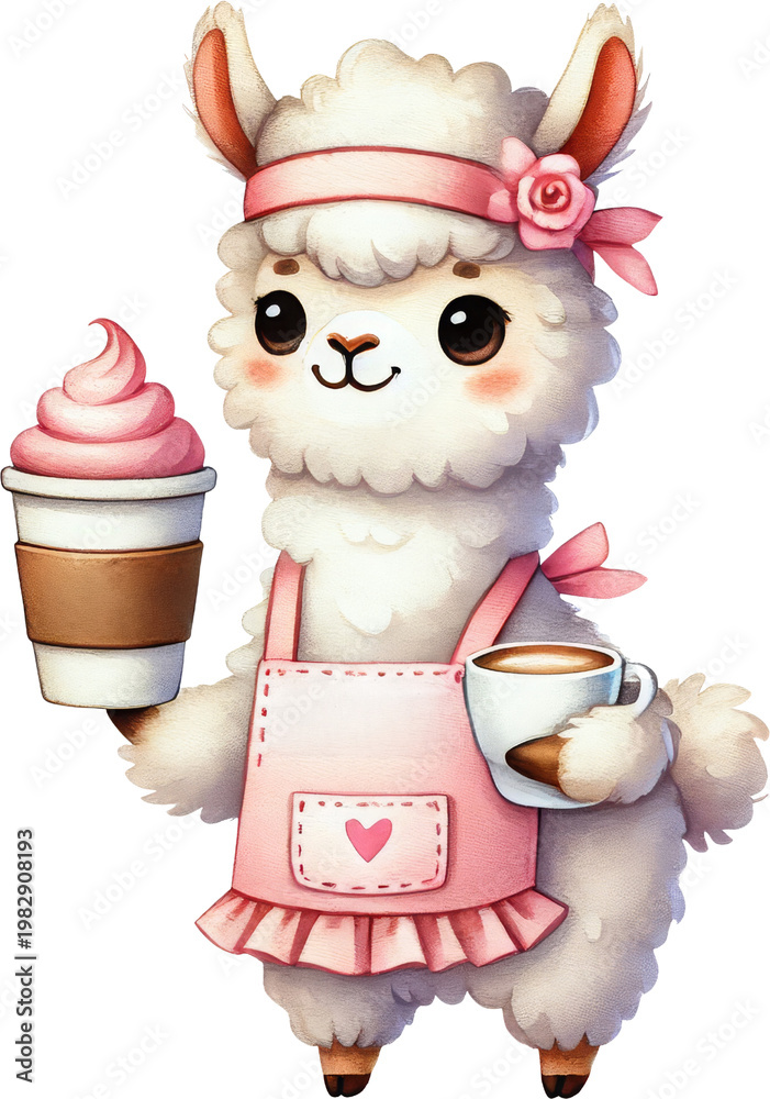 Fototapeta premium Cute alpaca barista coffee ice cream apron cartoon illustration with pink outfit, sweet cafe