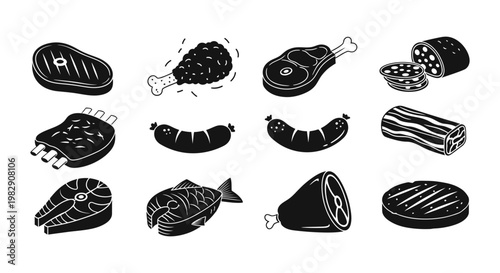 Set of meat products including steak chicken and sausages as black icons