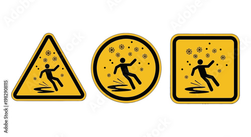 Caution signs for wet floor and slippery surfaces in yellow warning frames