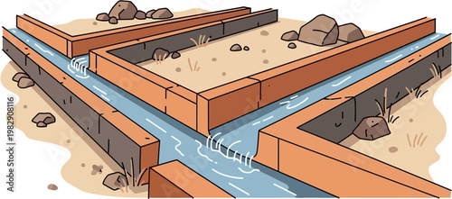 Illustration of an ancient or modern irrigation system with water flowing through channels in a dry, sandy landscape.