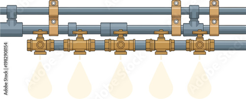 A detailed illustration of a plumbing system with multiple brass valves and dripping liquid, showcasing industrial infrastructure.