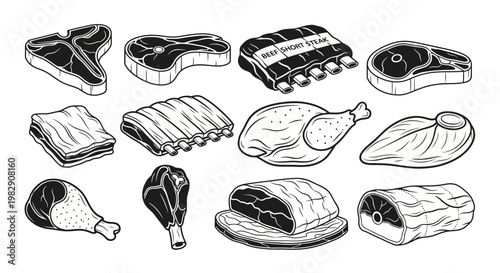 Collection of various raw meat cuts and steak icons