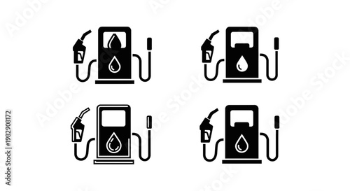 Set of four black gas station fuel pump icons for energy and automotive industry