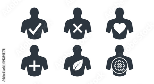 Set of six human body health icons showing wellness and medical status symbols in flat vector style for diagnostic and healthcare infographic design