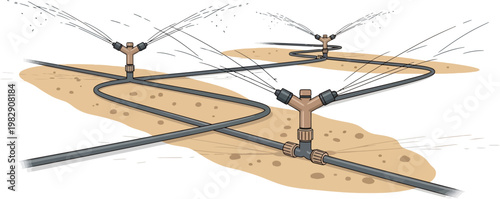Detailed illustration of an outdoor irrigation system with multiple sprinklers watering patches of dry ground, connected by a network of pipes.