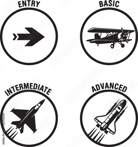Black and white circular representing entry, basic, intermediate, and advanced levels with arrow, airplane, jet, and rocket symbols also transparent background