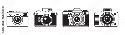 Vintage and modern photo camera icons with various styles for graphic design and photography branding projects.