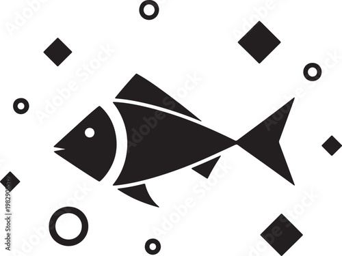 Black silhouette of a fish swimming with geometric shapes and bubbles also transparent background