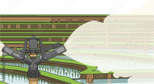 An irrigation sprinkler watering terraced rice fields under a clear sky, showcasing agricultural technology and water management.