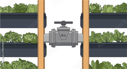 Vertical garden with multiple rows of leafy green plants and a central irrigation valve.