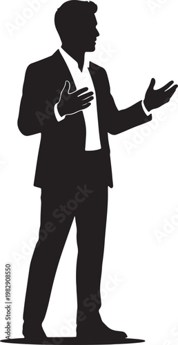 Silhouette of a businessman in a suit with outstretched arms, gesturing while speaking or presenting also transparent background