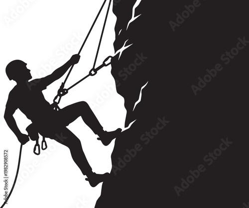 Silhouette of a climber scaling a rock face with ropes and safety gear also transparent background climbing