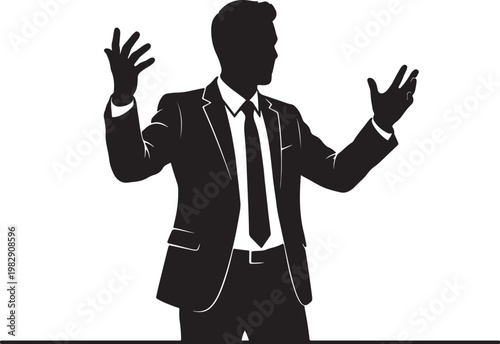 Silhouette of a man in a suit gesturing with both hands also transparent background
