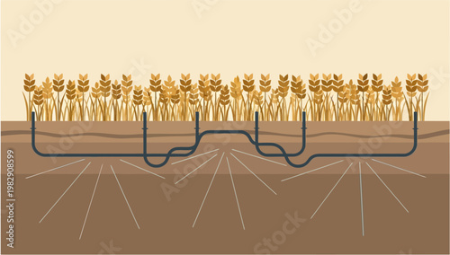 Cross-section view of a sub-surface irrigation system watering wheat crops in dry soil.