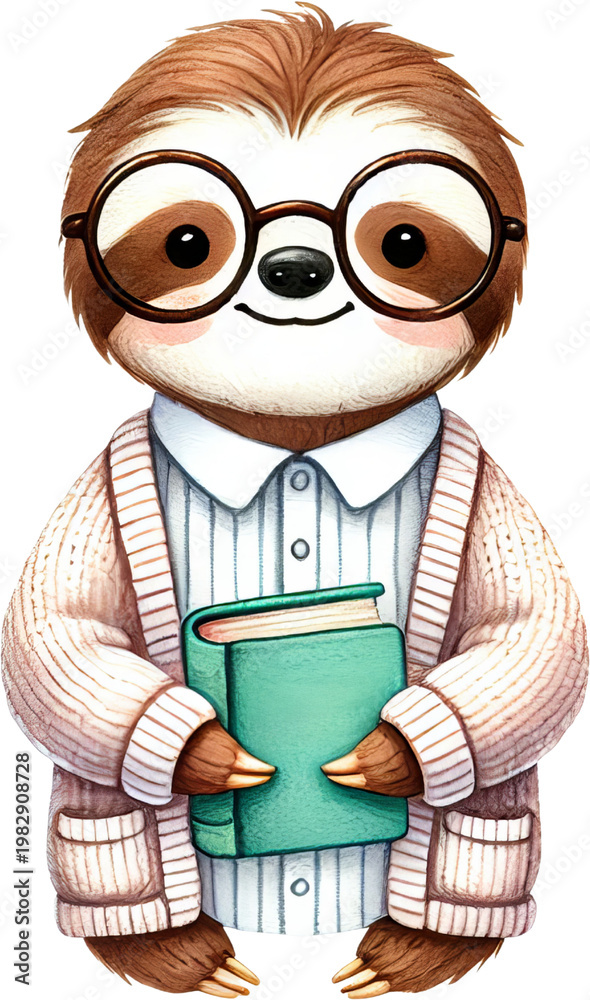 Naklejka premium Cute sloth student reading book illustration