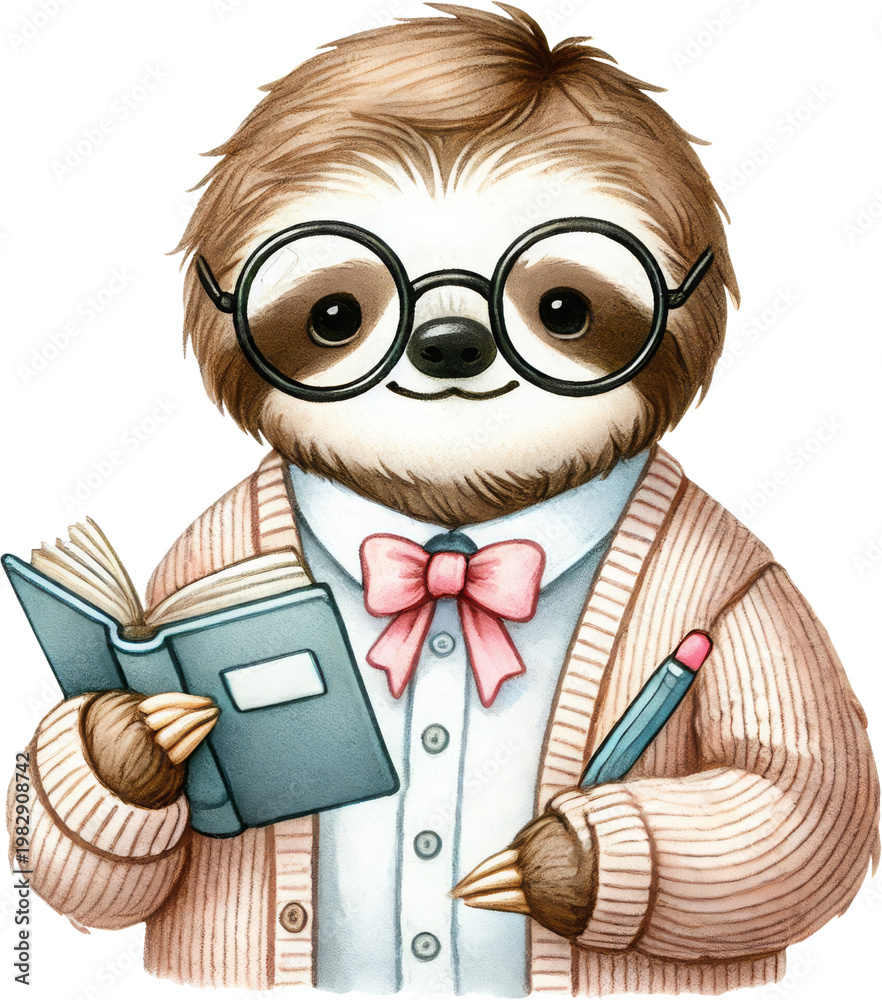 Naklejka premium Cute sloth glasses book pencil watercolor illustration for education