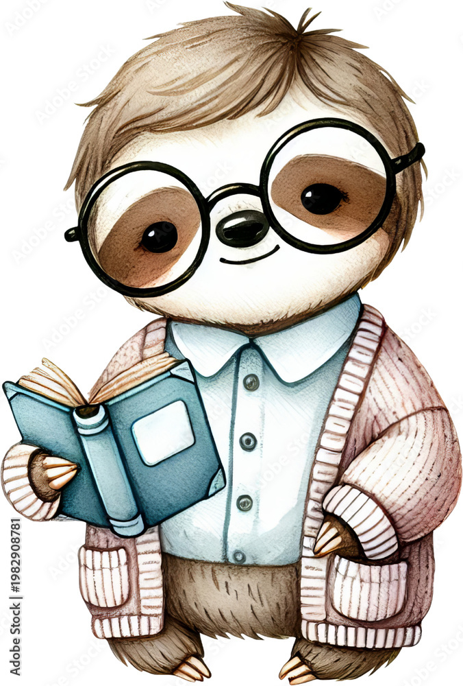 Fototapeta premium Cute sloth reading book cartoon illustration adorable student with glasses holding book