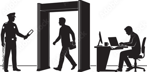 Silhouette of a security checkpoint with officer, person walking through metal detector, and person monitoring screen also transparent background