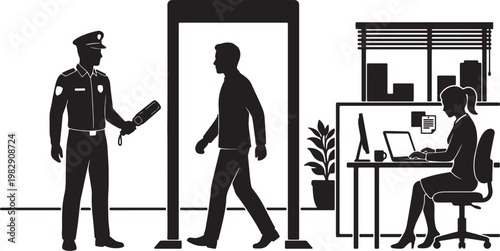 Silhouette of policeman checking id of man walking through security gate, woman at desk with computer also transparent background