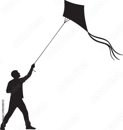 Silhouette of person flying a diamond-shaped kite with tail also transparent background, outdoor