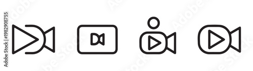 Set of four outline video camera icons with play and record symbols isolated on transparent background digital.