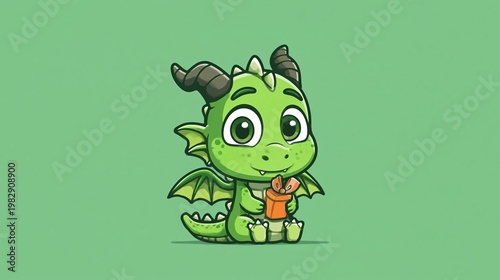 Cute green dragon character illustration holding a gift box, with large expressive eyes and small wings, set against a solid green background