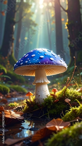 A blue-capped mushroom in a sunlit forest