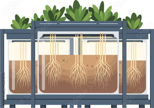 Illustration of a modern hydroponic system with three plant containers showing roots submerged in nutrient solution, demonstrating soilless cultivation.