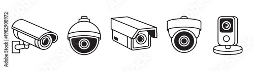 Security camera icons line art set surveillance cctv system monitoring equipment for home and business protection.